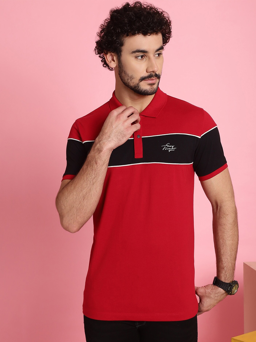 

VENITIAN Colourblocked Polo Collar Cotton Slim Fit T-shirt, Red