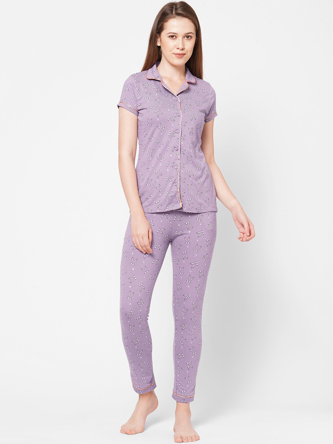 

Sweet Dreams Purple Conversational Printed Lapel Collar Shirt & Pyjama
