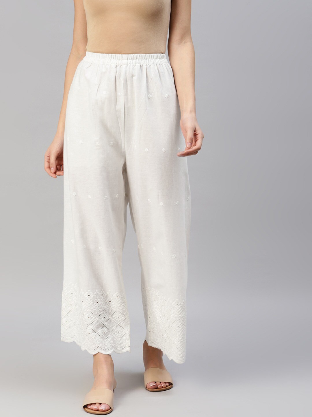 

Readiprint Floral Embroidered Cotton Ethnic Palazzos, Off white