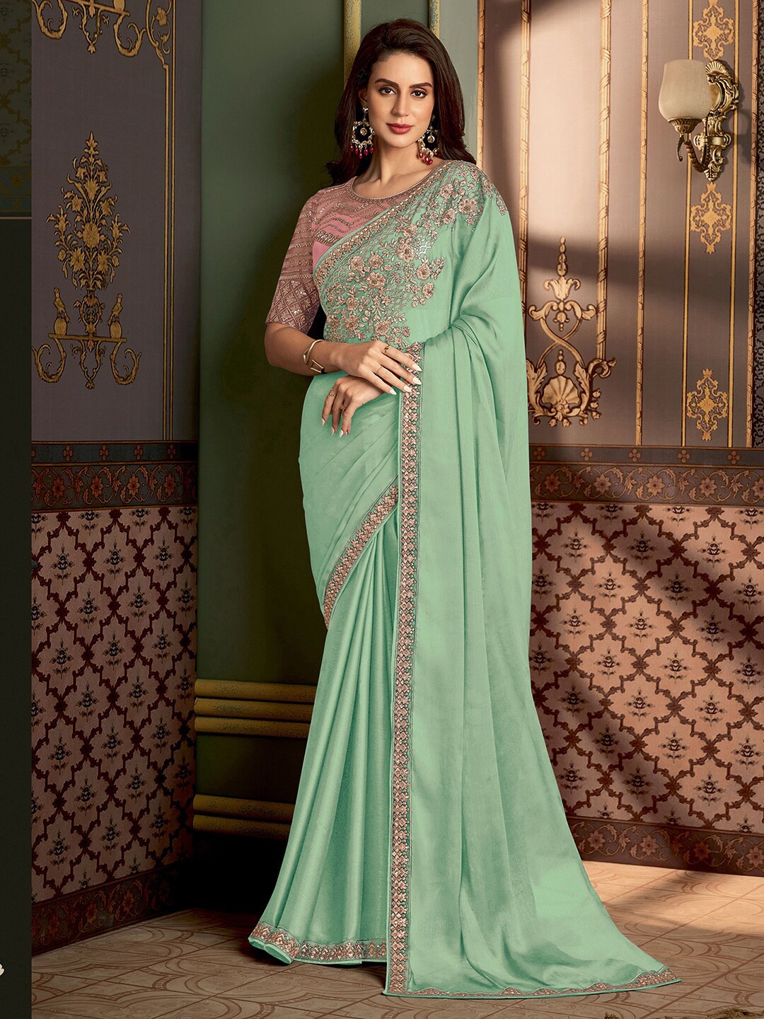 

Satrani Floral Sequinned Baluchari Saree, Lime green