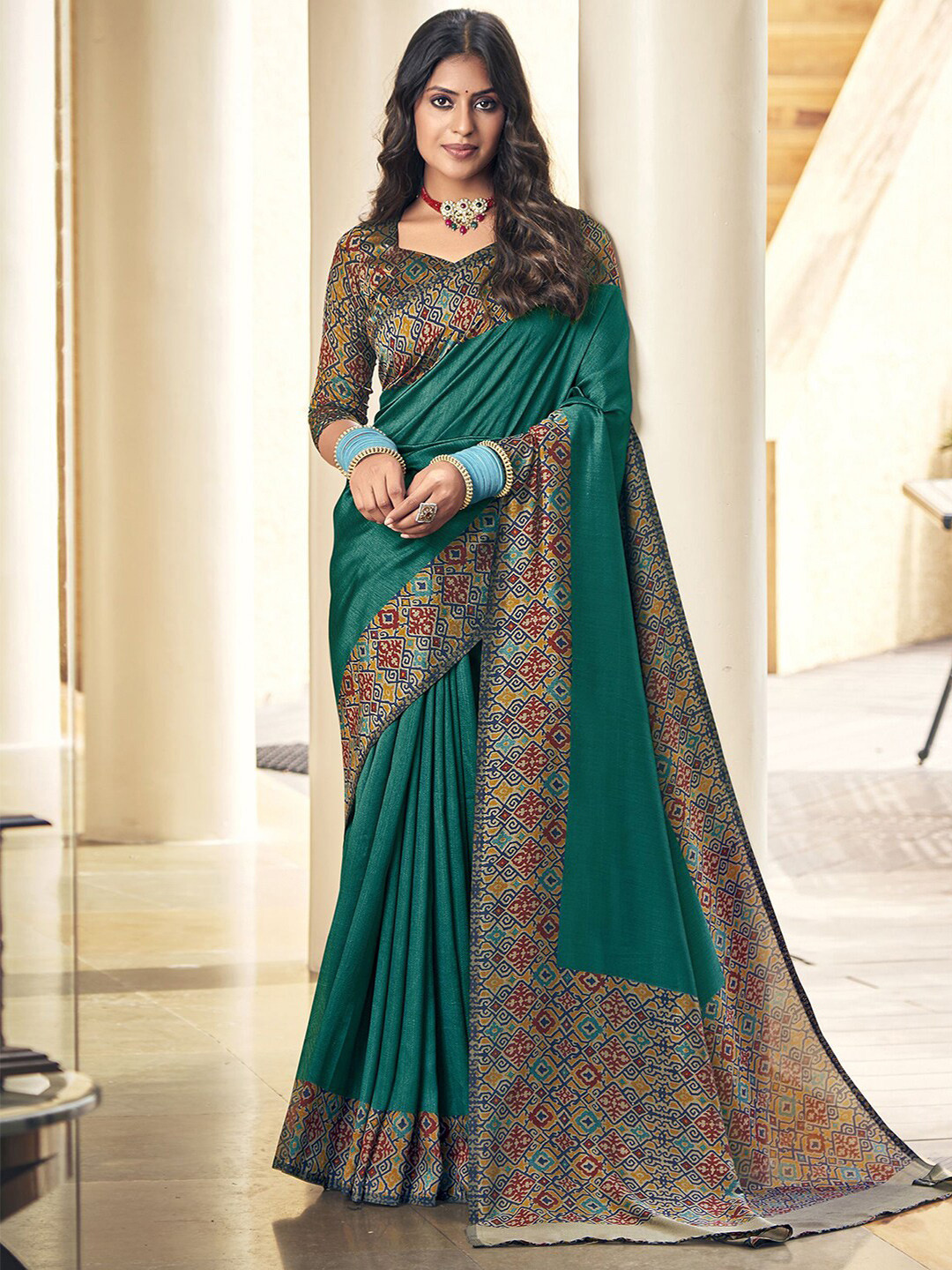 

Satrani Bhagalpuri Saree, Teal