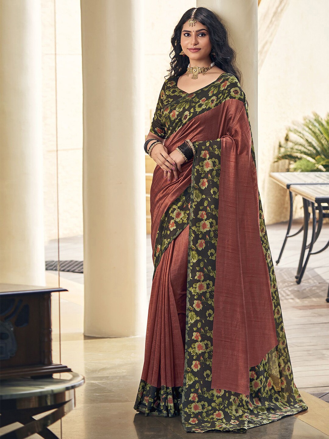 

Satrani Brown Printed Border Bhagalpuri Saree