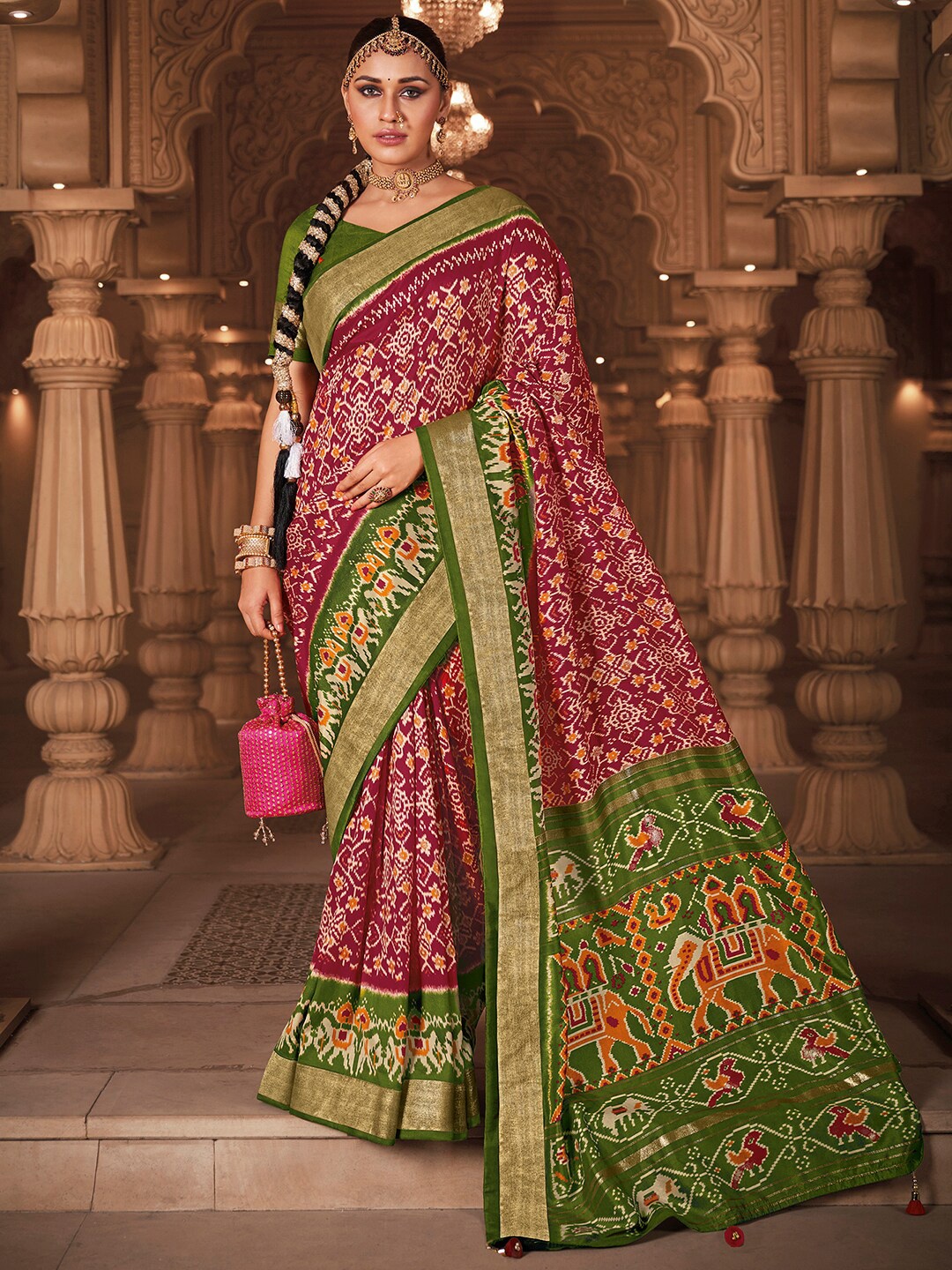 

Satrani Red Ethnic Motifs Printed Zari Bhagalpuri Saree