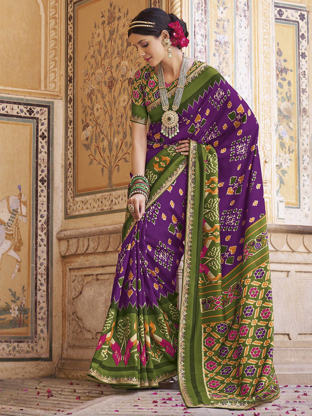 

Satrani Ethnic Motifs Printed Zari Bhagalpuri Saree, Purple