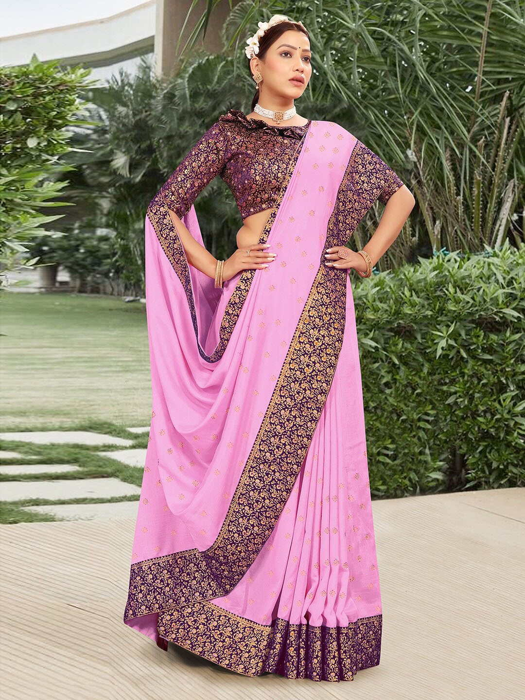 

Satrani Embellished Beads And Stones Art Silk Bhagalpuri Saree, Peach