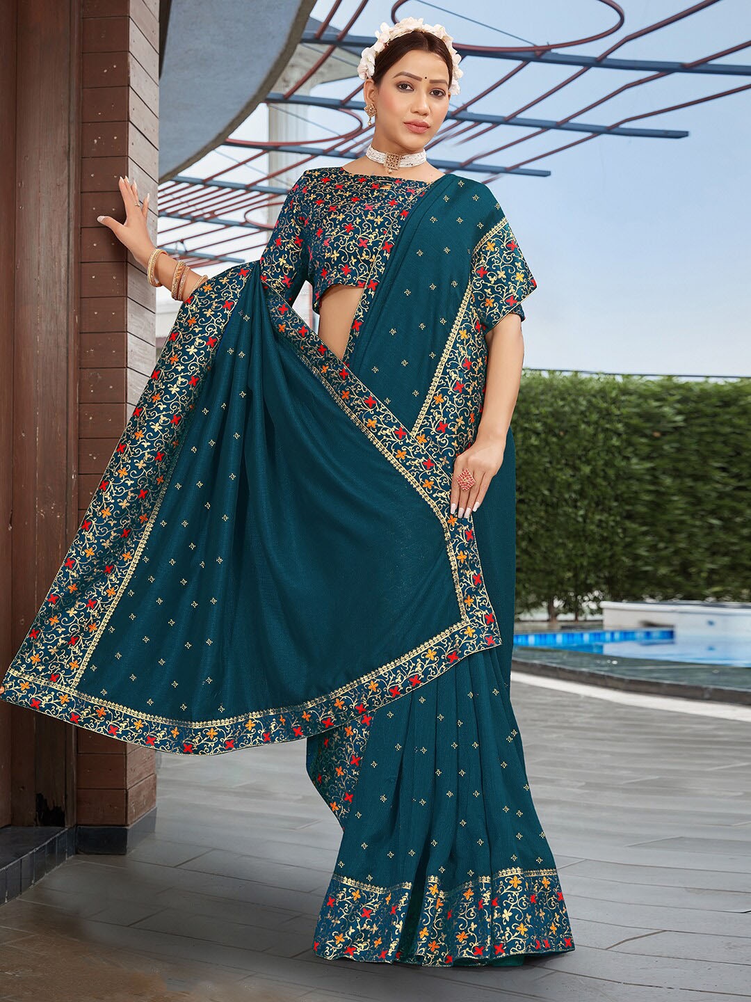 

Satrani Teal Blue Embellished Beads and Stones Bhagalpuri Saree