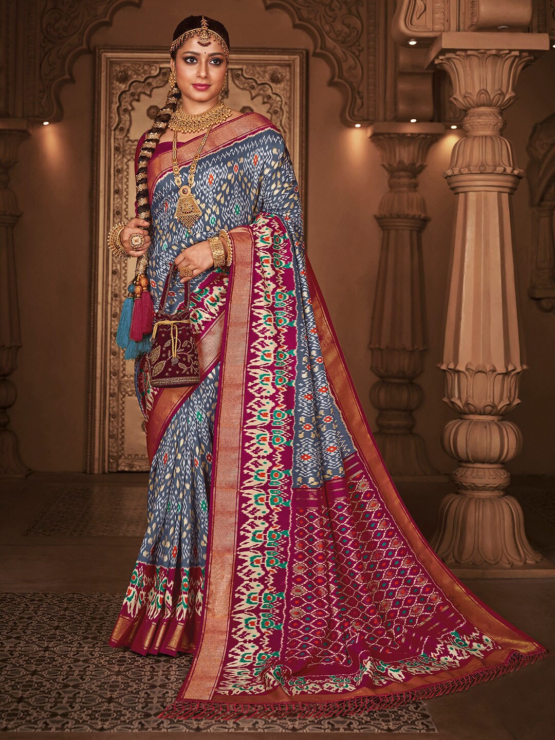 

Satrani Floral Printed Zari Art Silk Bhagalpuri Saree, Blue