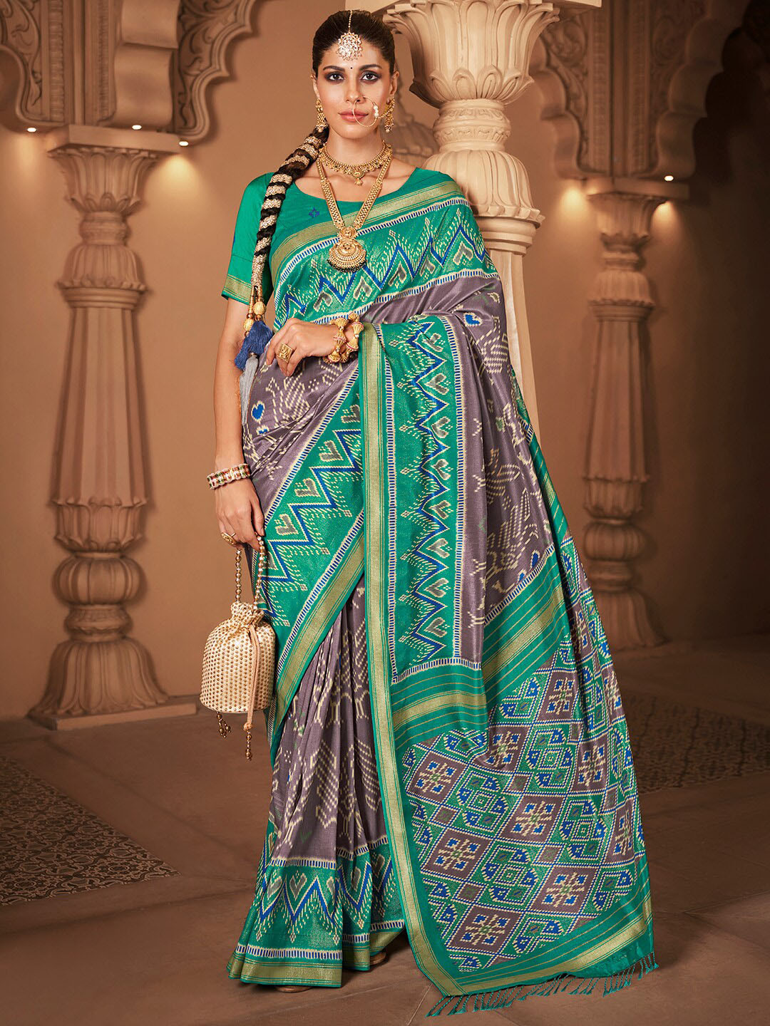 

Satrani Lavender Ethnic Motifs Printed Zari Bhagalpuri Saree
