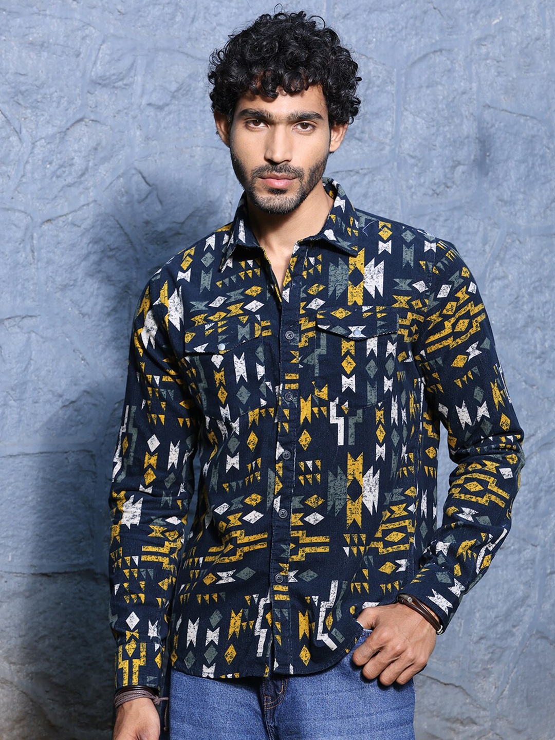 

Thomas Scott Premium Slim Fit Geometric Printed Pure Cotton Corduroy Casual Shirt, Navy blue