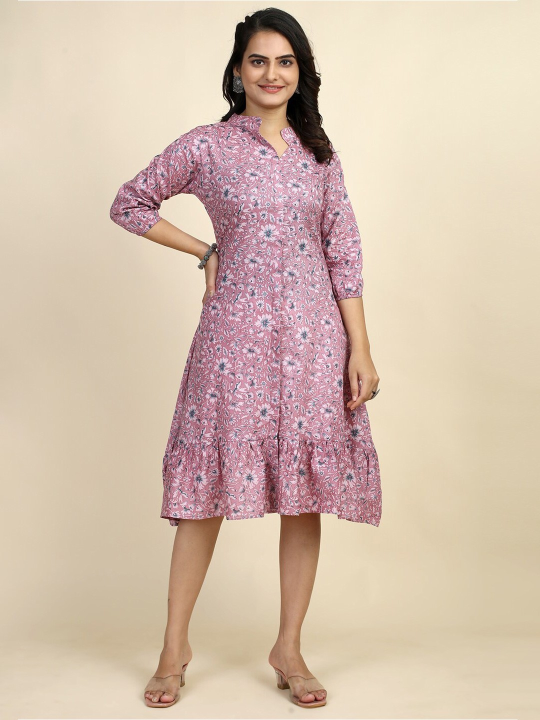 

STYLE SAMSARA Floral Printed Flounce Pure Cotton Knee Length Ethnic Dress, Pink