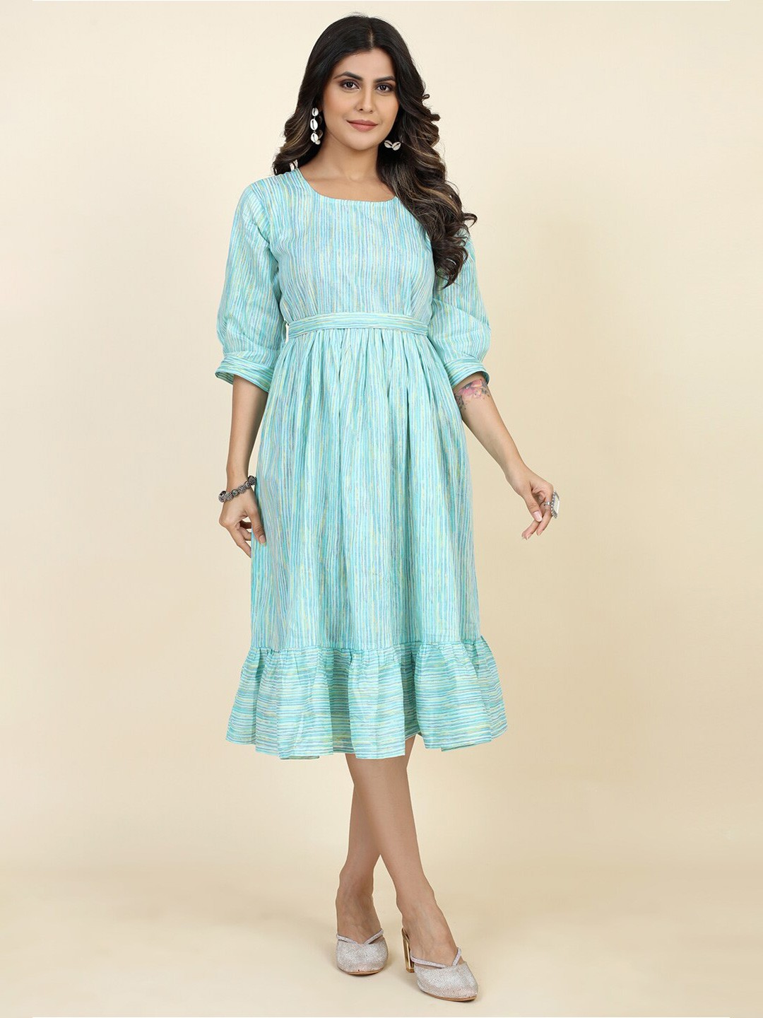 

STYLE SAMSARA Striped Pure Cotton Ethnic Dress, Blue