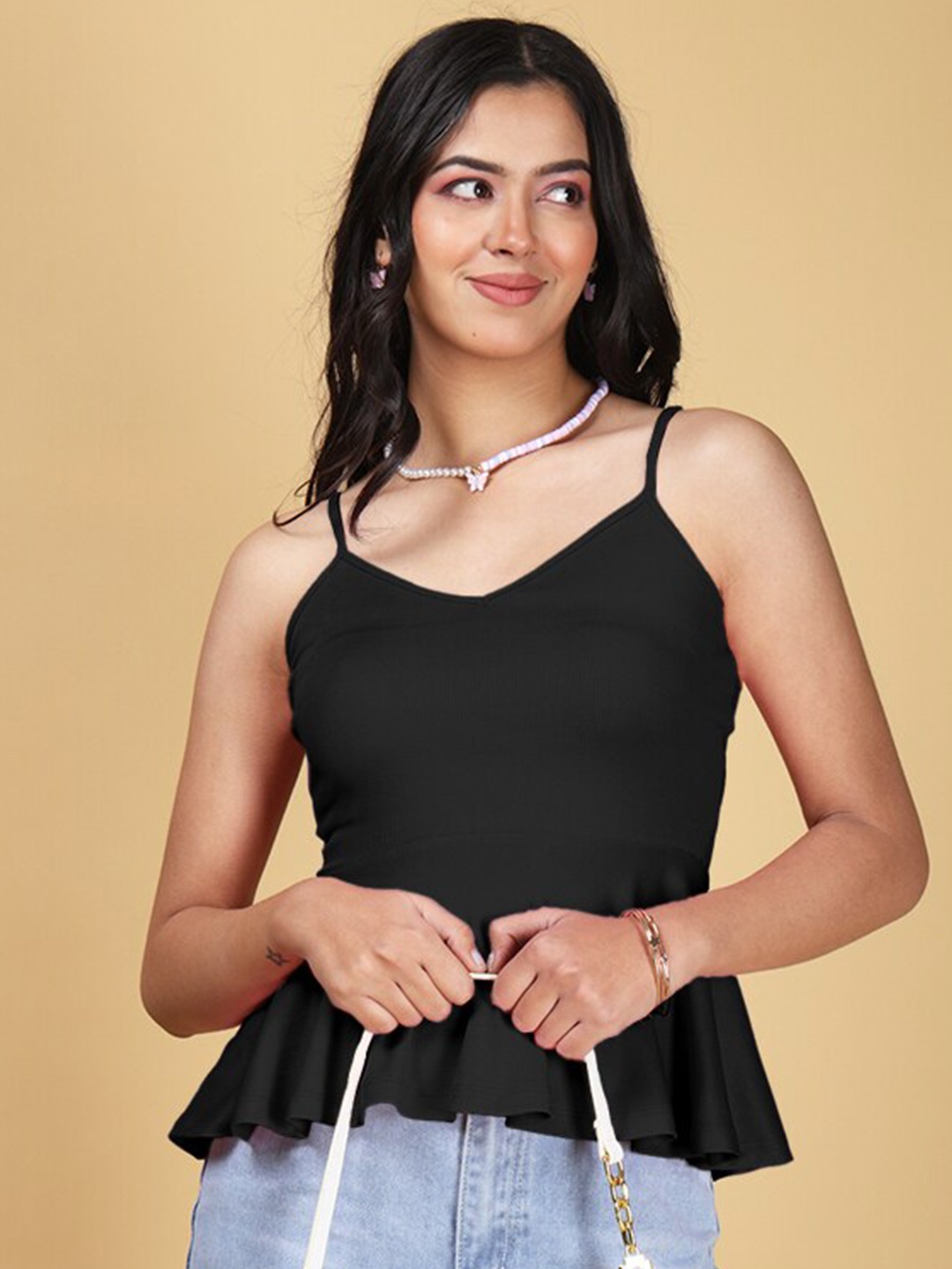

Eyebogler Shoulder Straps Sleeveless Opaque Peplum Casual Top, Black