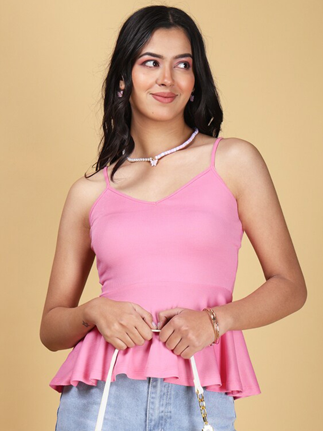 

Eyebogler Shoulder Straps Sleeveless Opaque Peplum Casual Top, Pink