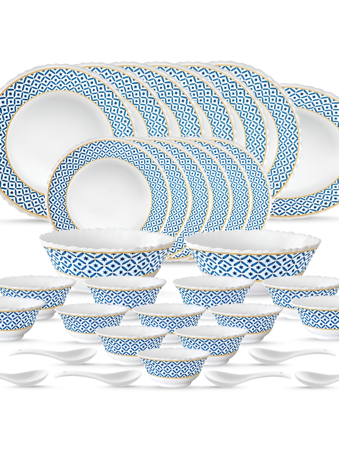 

LARAH Blue & White 33 Pieces Printed Opalware Glossy Dinner Set