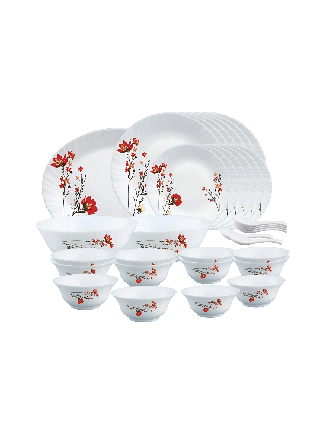 

LARAH Red & White 33 Pieces Printed Opalware Glossy Dinner Set