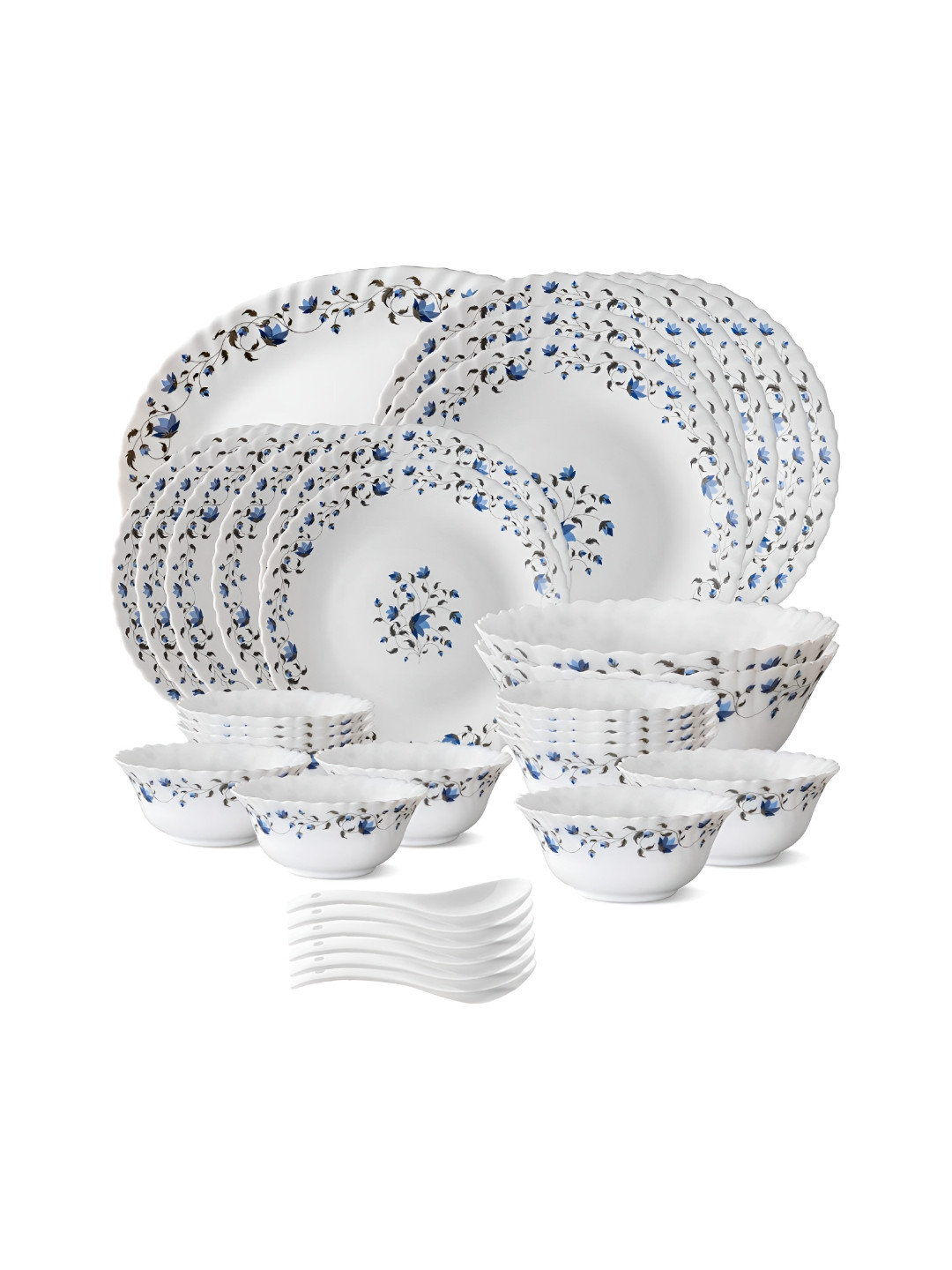 

LARAH Blue & White 33 Pieces Printed Opalware Glossy Dinner Set