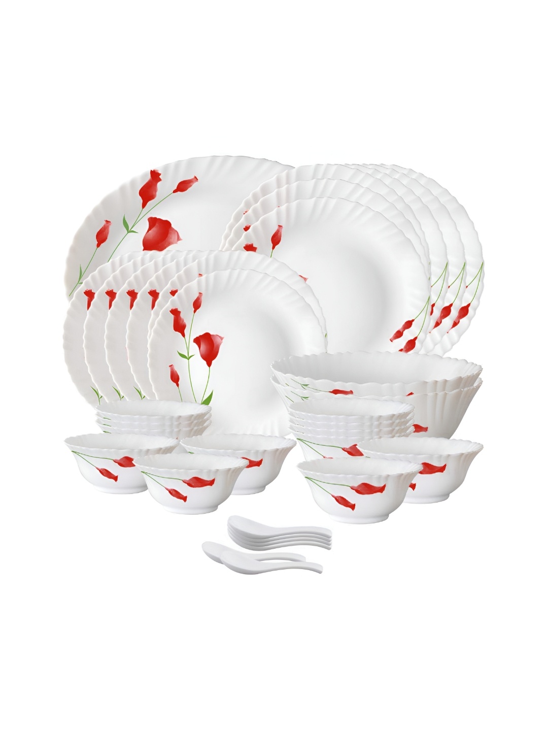 

LARAH Red & White 33 Pieces Floral Printed Opalware Glossy Dinner Set