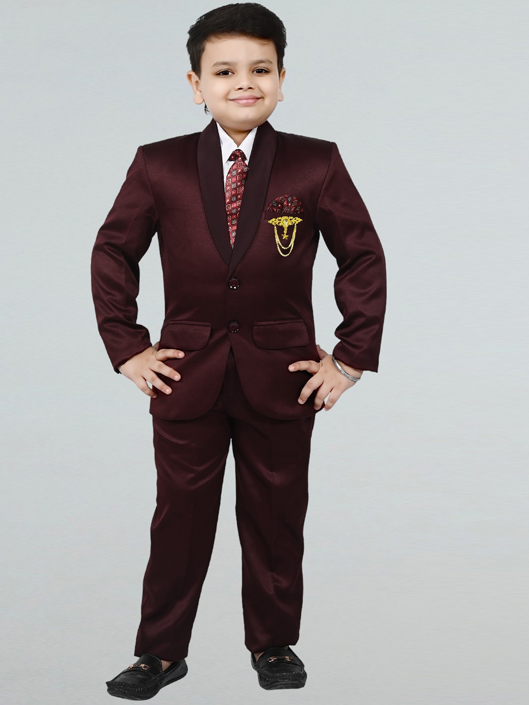 

BT DEZINES Boys Single-Breasted Four-Piece Formal Suit, Maroon