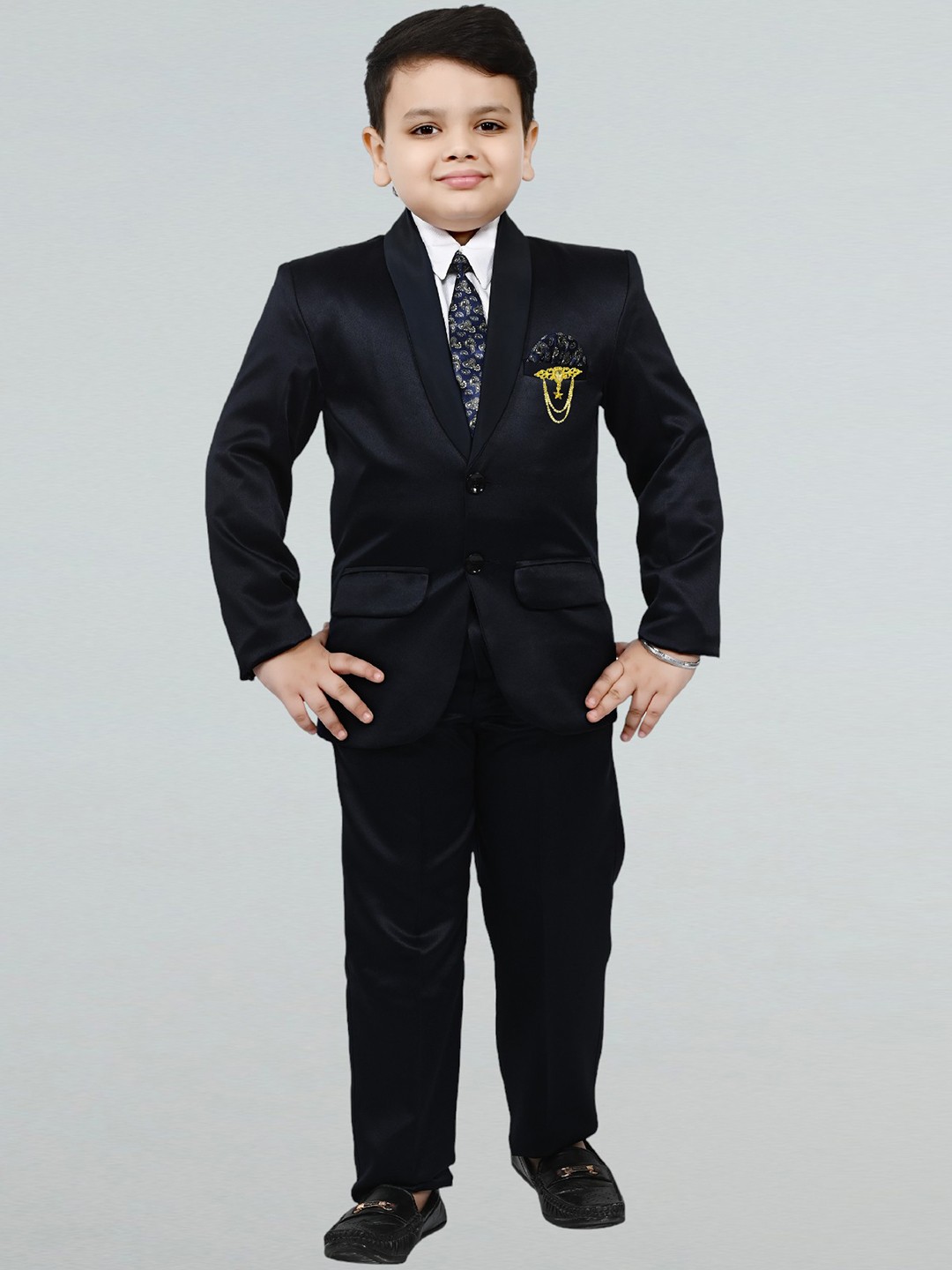 

BT DEZINES Boys 4-Piece Single-Breasted Satin Suits, Navy blue