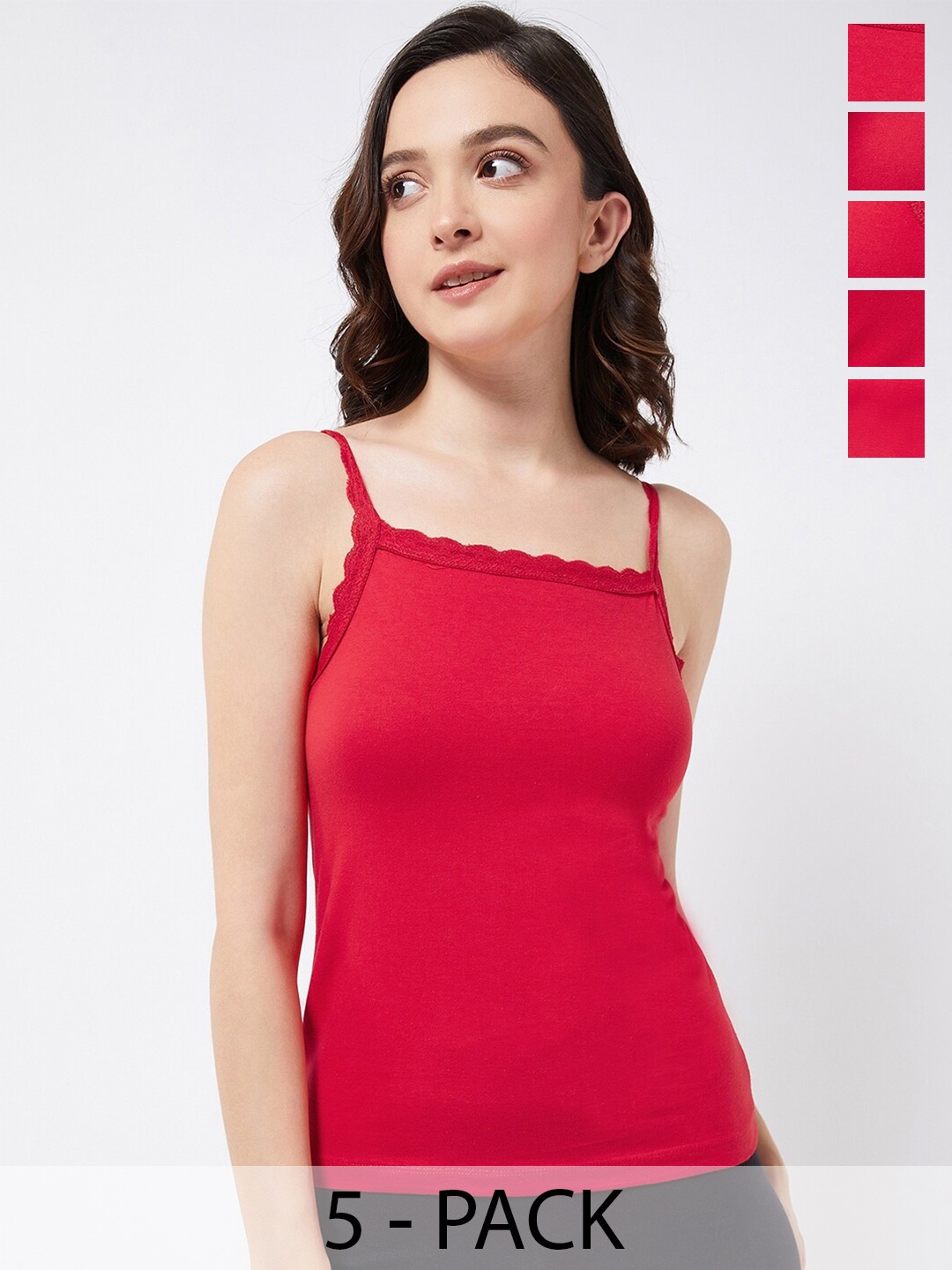 COLOR CAPITAL Pack Of 5 Shoulder Straps Cotton Fitted Tops, Red