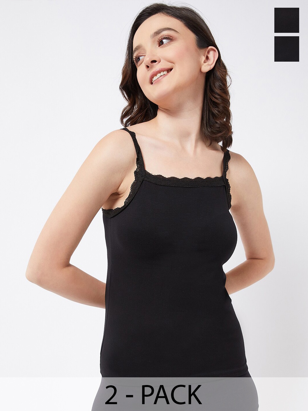

COLOR CAPITAL Pack Of 2 Shoulder Straps Cotton Fitted Tops, Black