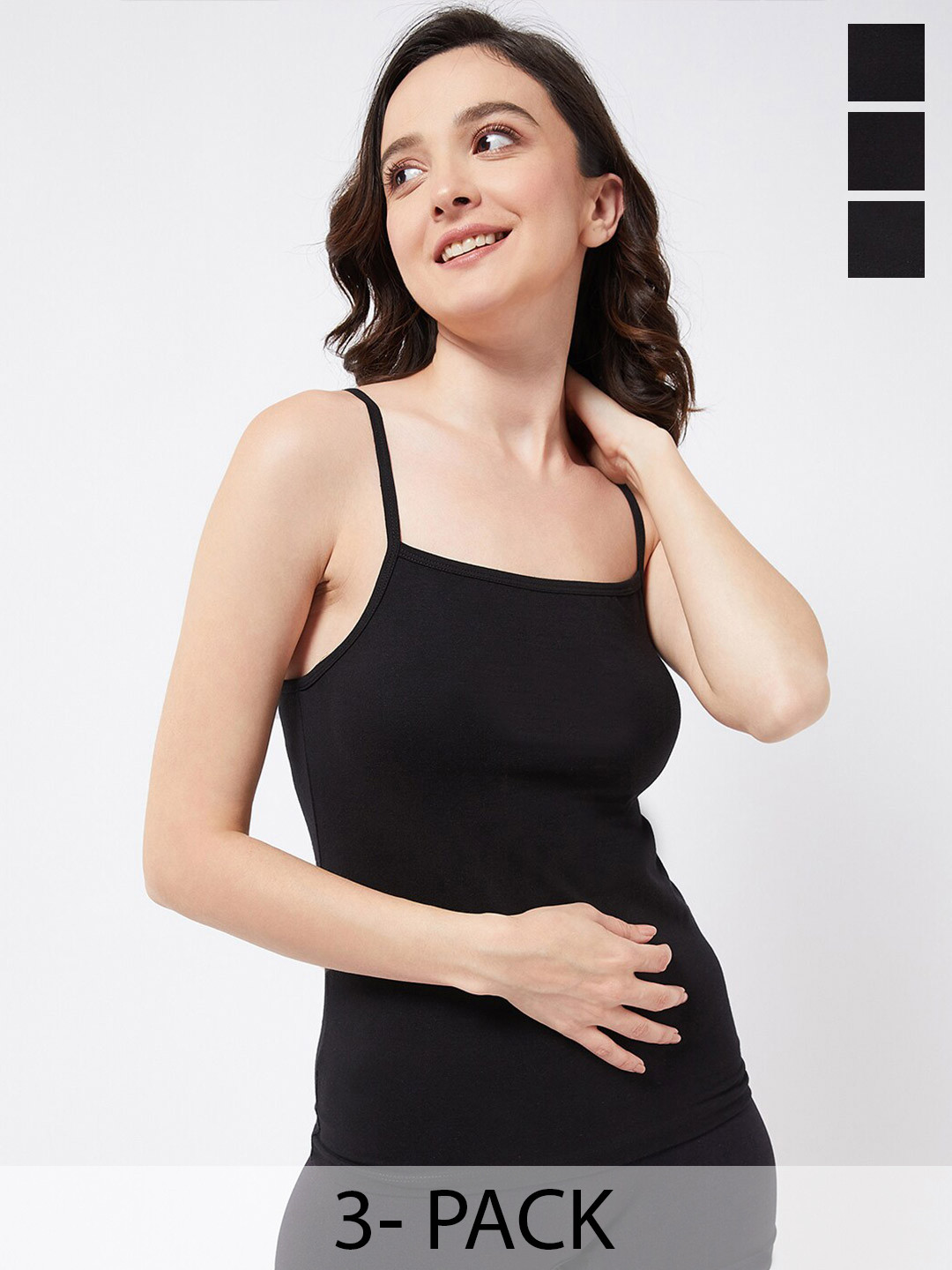 

COLOR CAPITAL Pack Of 3 Shoulder Straps Cotton Fitted Tops, Black