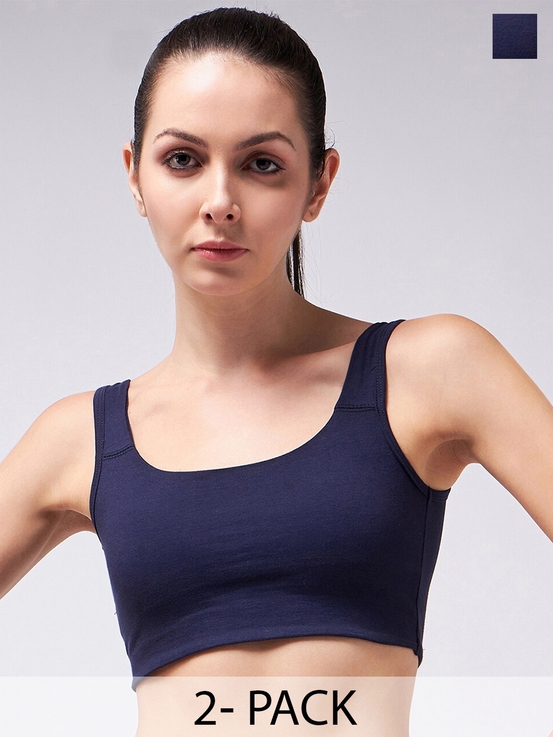

COLOR CAPITAL Pack Of 2 Scoop Neck Cotton Bralette Crop Tops, Navy blue