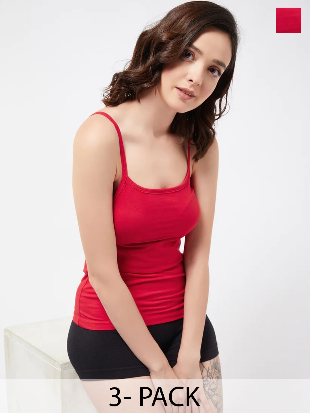 

COLOR CAPITAL Pack Of 3 Shoulder Straps Cotton Fitted Tops, Red