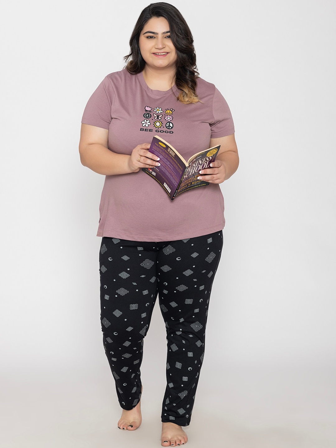 

TITTLI Plus Size Graphic Printed Pure Cotton T-Shirt & Pyjama, Mauve