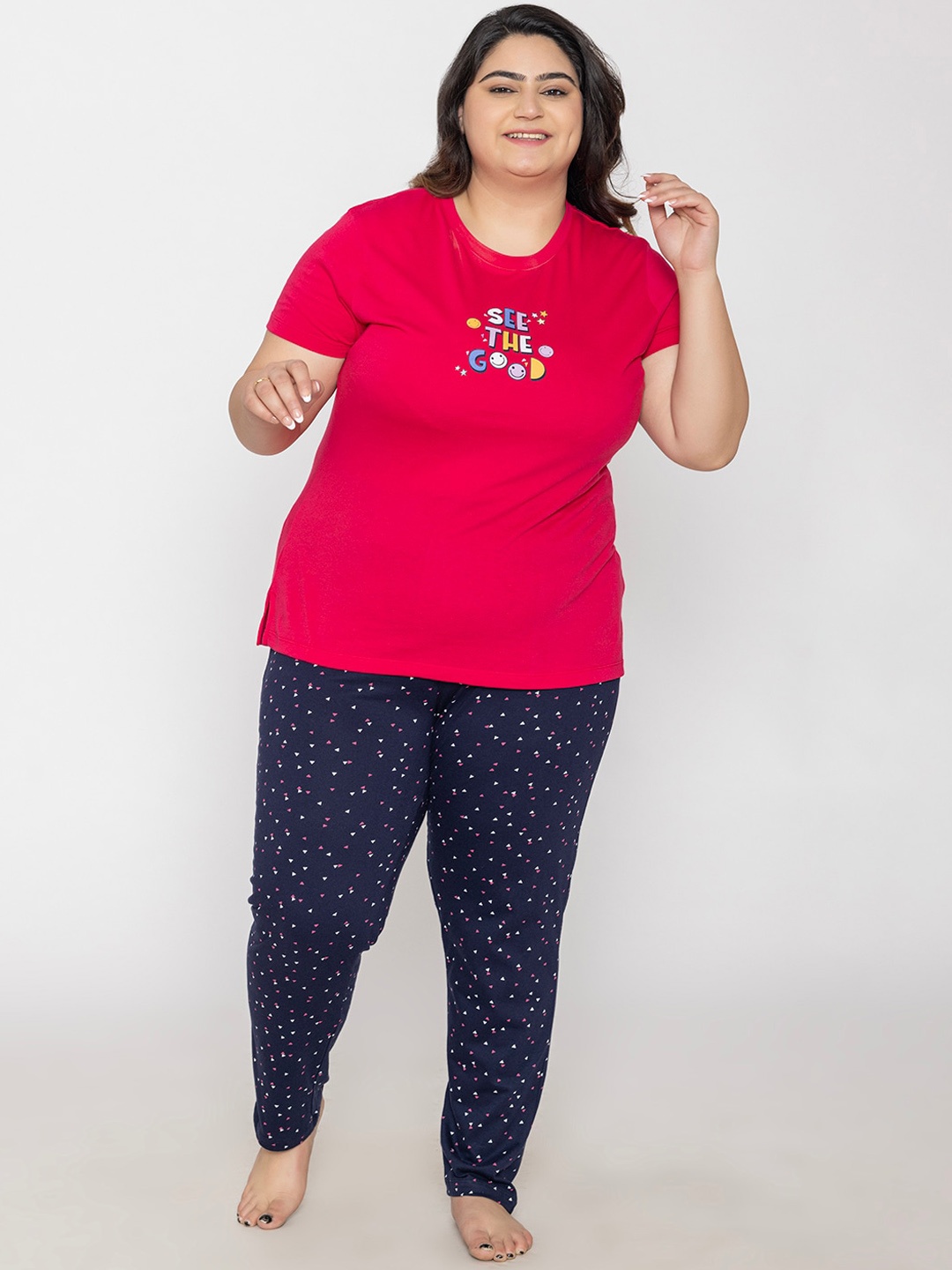 

TITTLI Plus Size Graphic Printed Pure Cotton T-Shirt & Pyjama, Pink