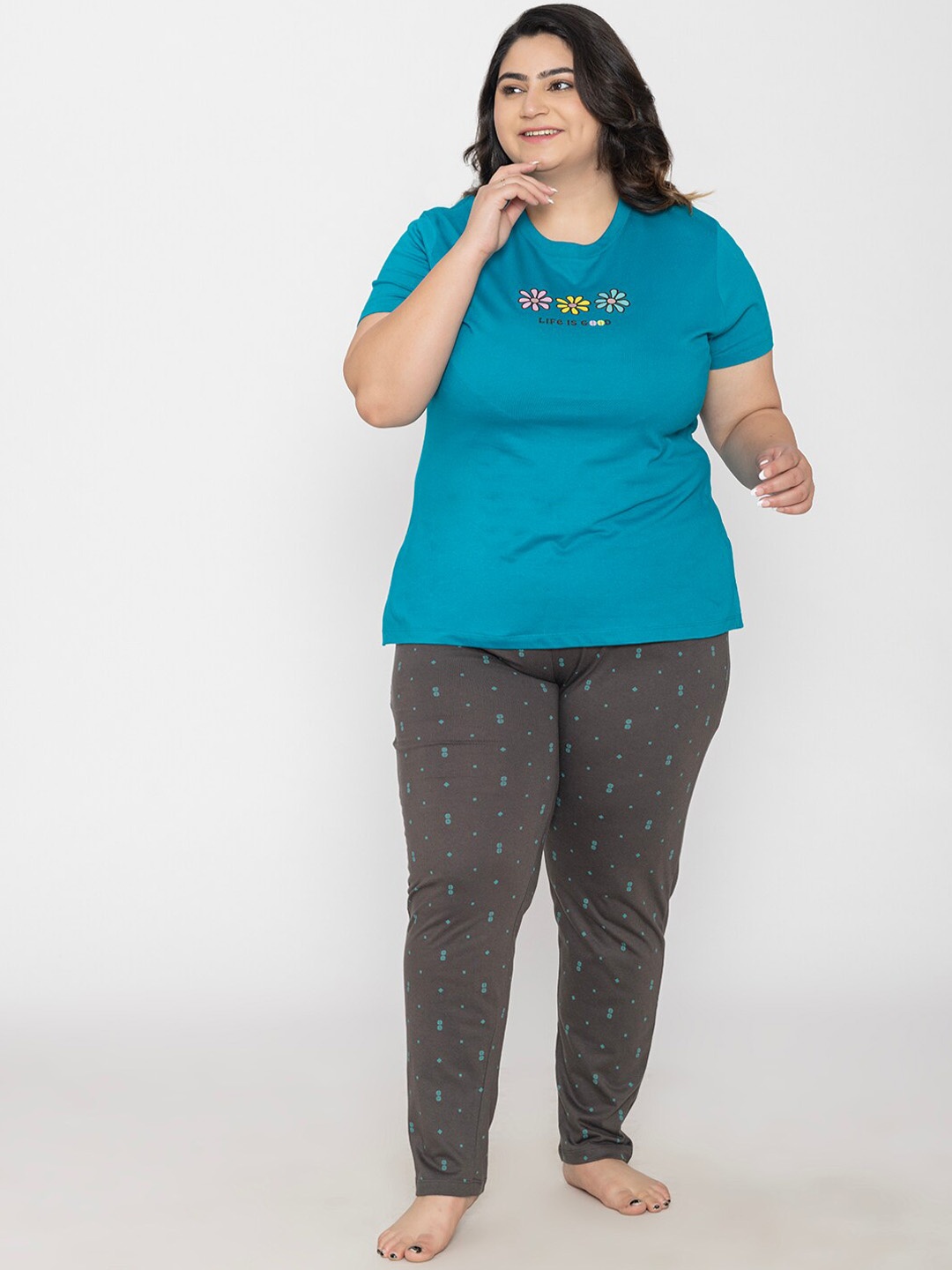 

TITTLI Plus Size Graphic Printed Pure Cotton T-Shirt & Pyjama, Turquoise blue