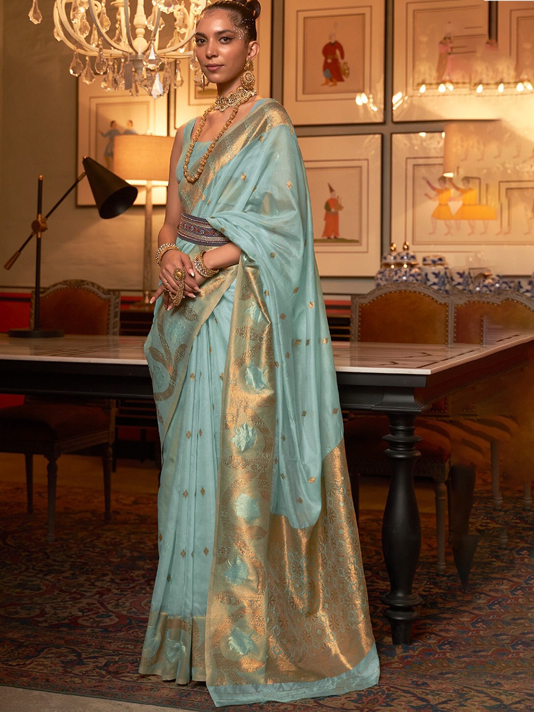 

DEVATITHI Ethnic Motifs Woven Design Zari Saree, Blue