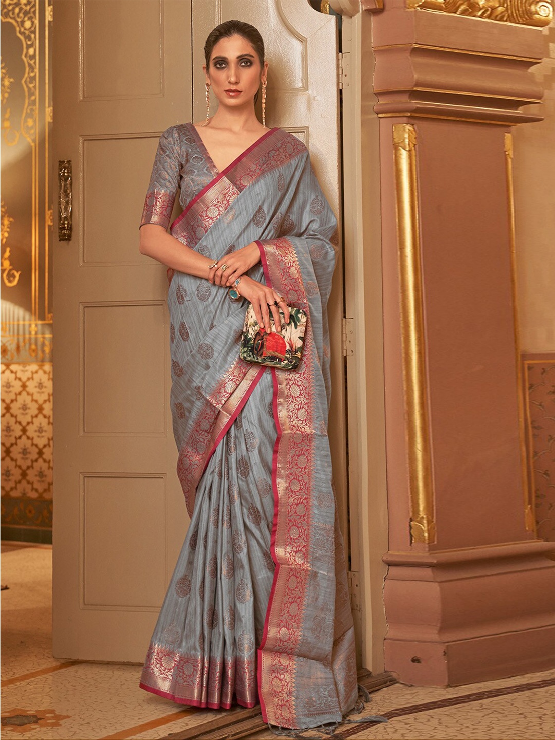 

DEVATITHI Ethnic Motifs Woven Design Zari Saree, Grey