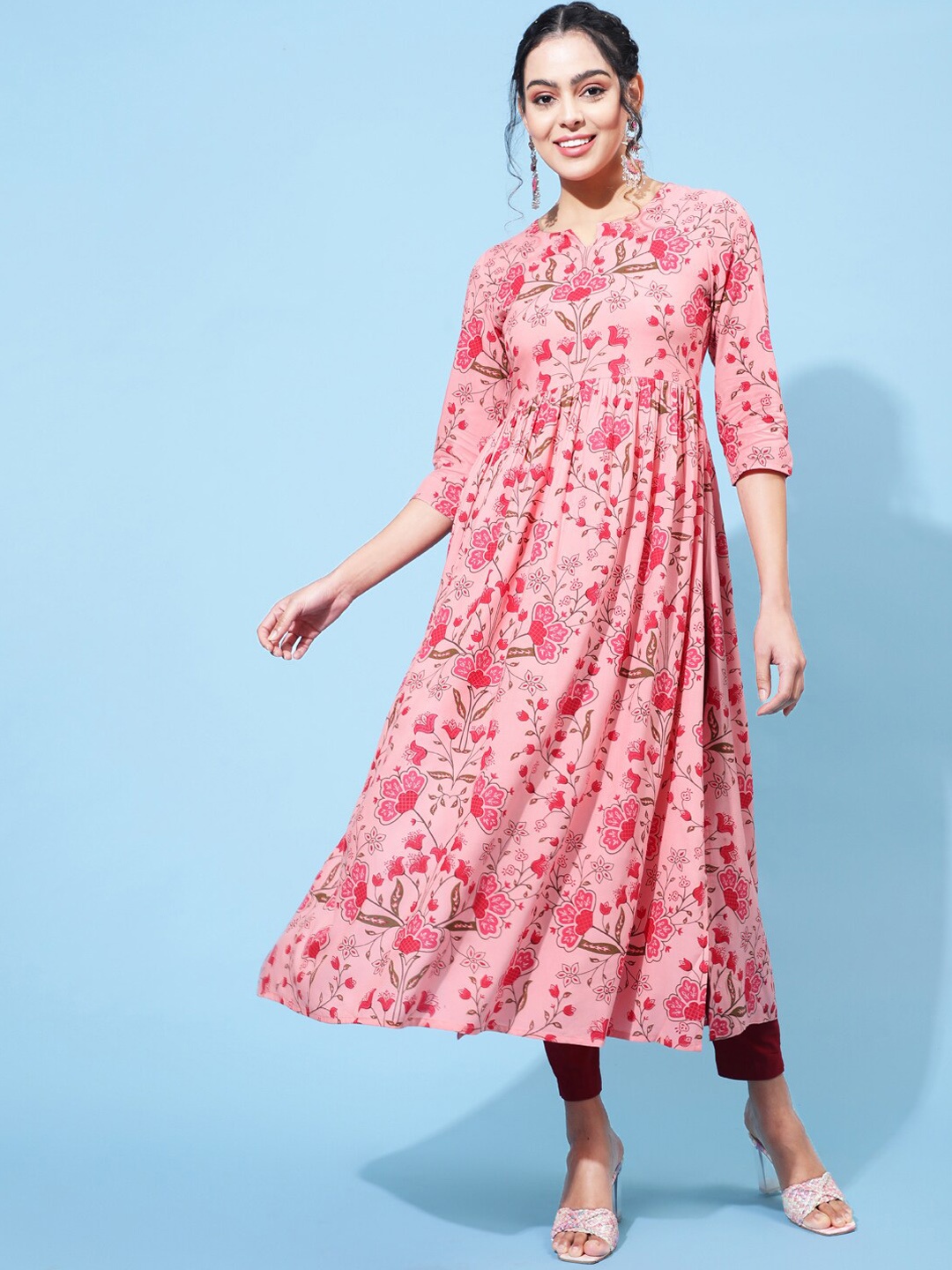 

GULMOHAR JAIPUR Floral Printed Notched Neck Anarkali Kurta, Peach