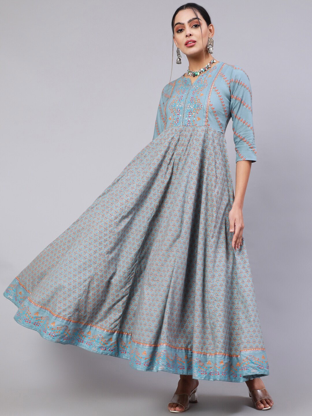 

GULMOHAR JAIPUR Floral Printed Notched Neck Anarkali Kurta, Grey