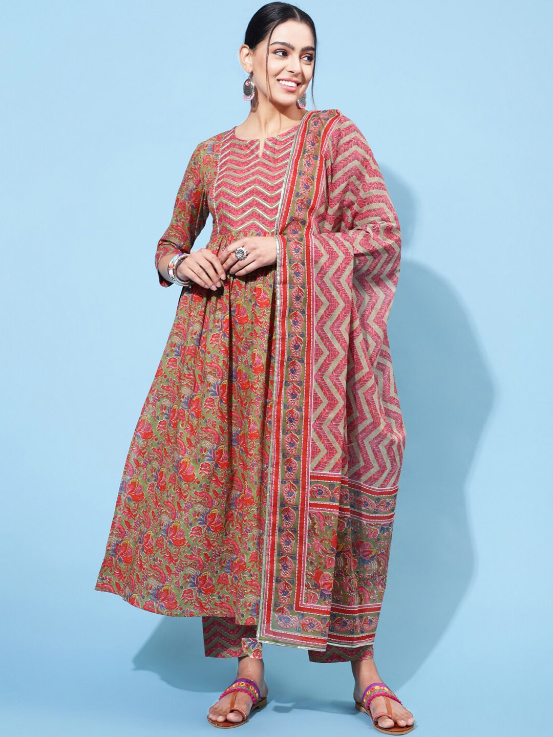 

GULMOHAR JAIPUR Floral Printed Gotta Patti Pure Cotton Kurta With Trouser & Dupatta, Green