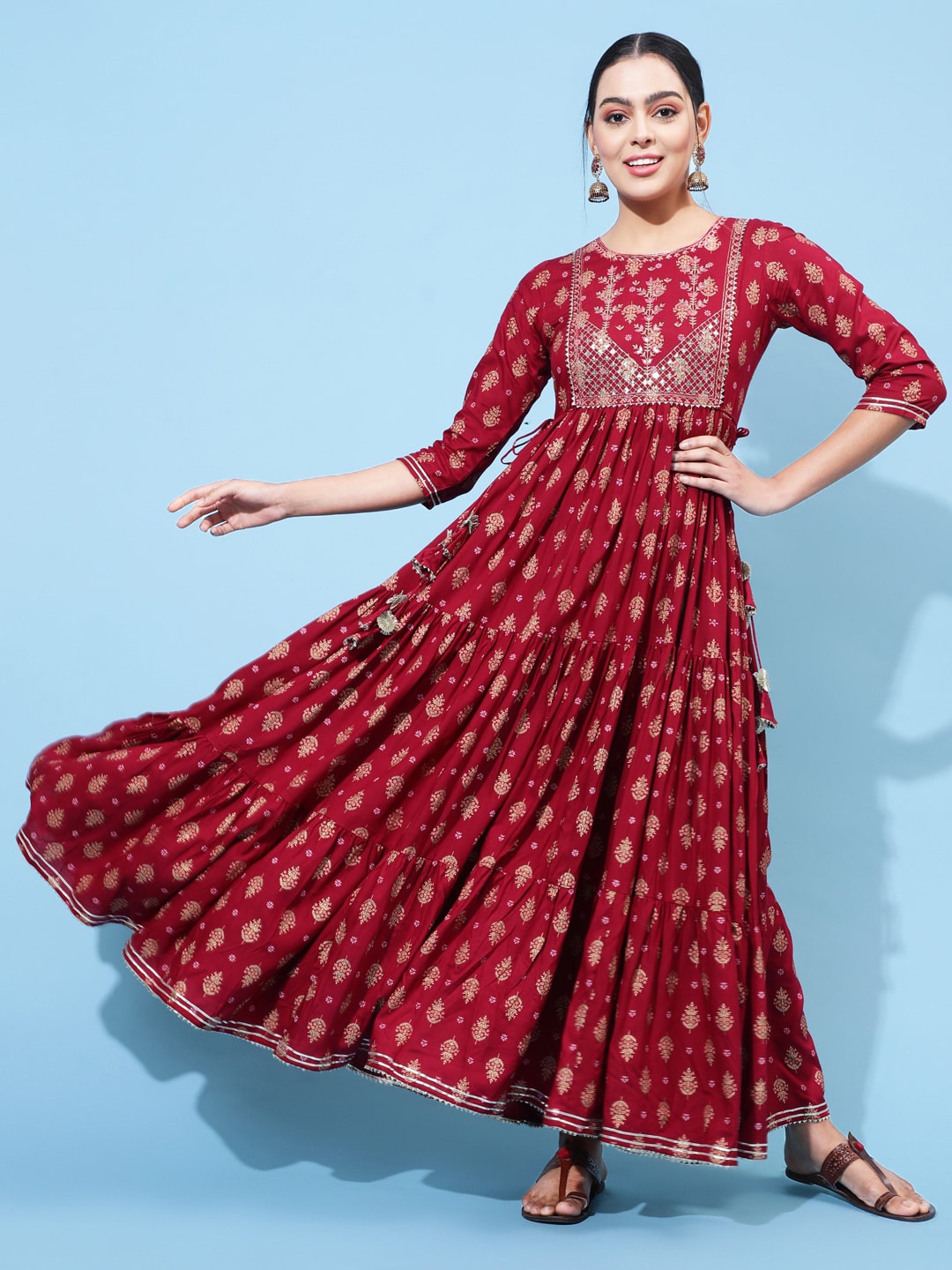 

GULMOHAR JAIPUR Floral Embroidered Gathered Maxi Ethnic Dress, Maroon