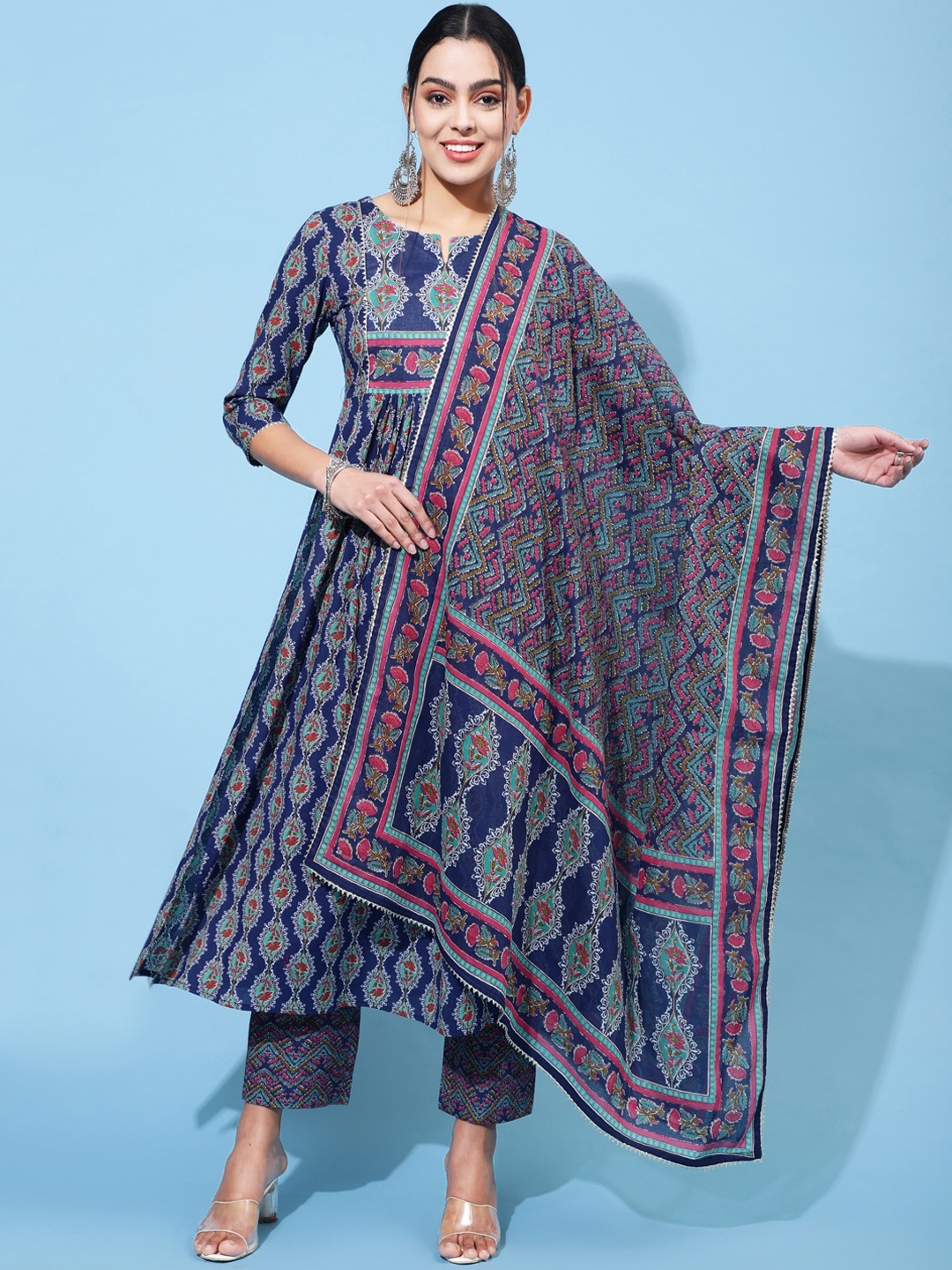 

GULMOHAR JAIPUR Ethnic Motifs Printed Empire Pure Cotton Kurta With Trousers & Dupatta, Blue