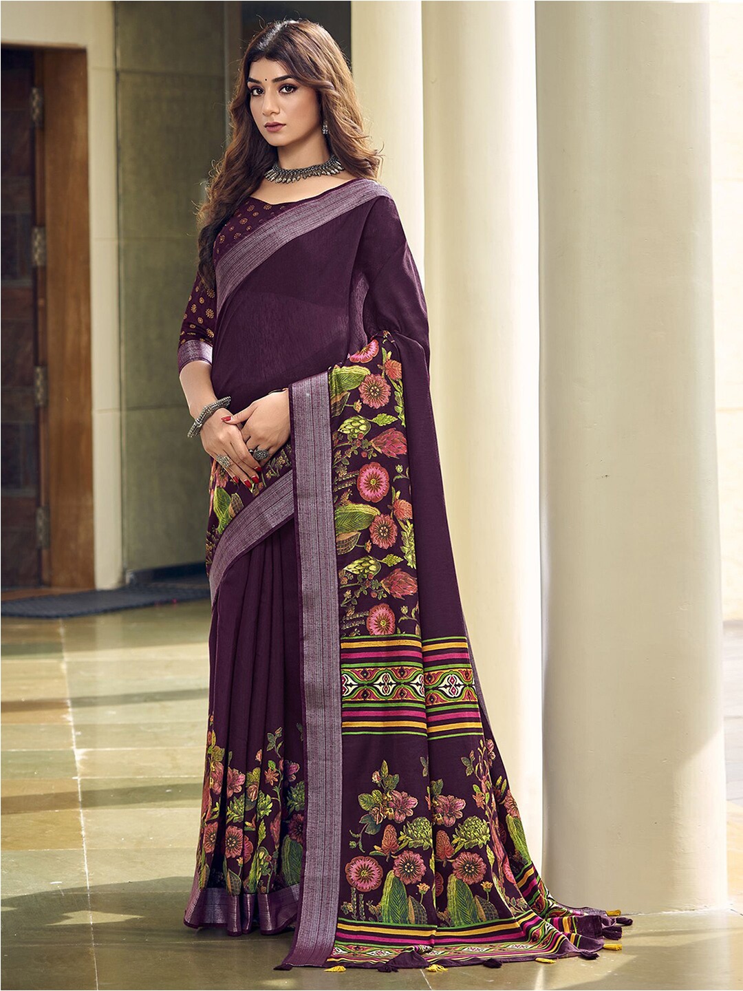 

Mitera Floral Printed Zari Dabu Saree, Purple