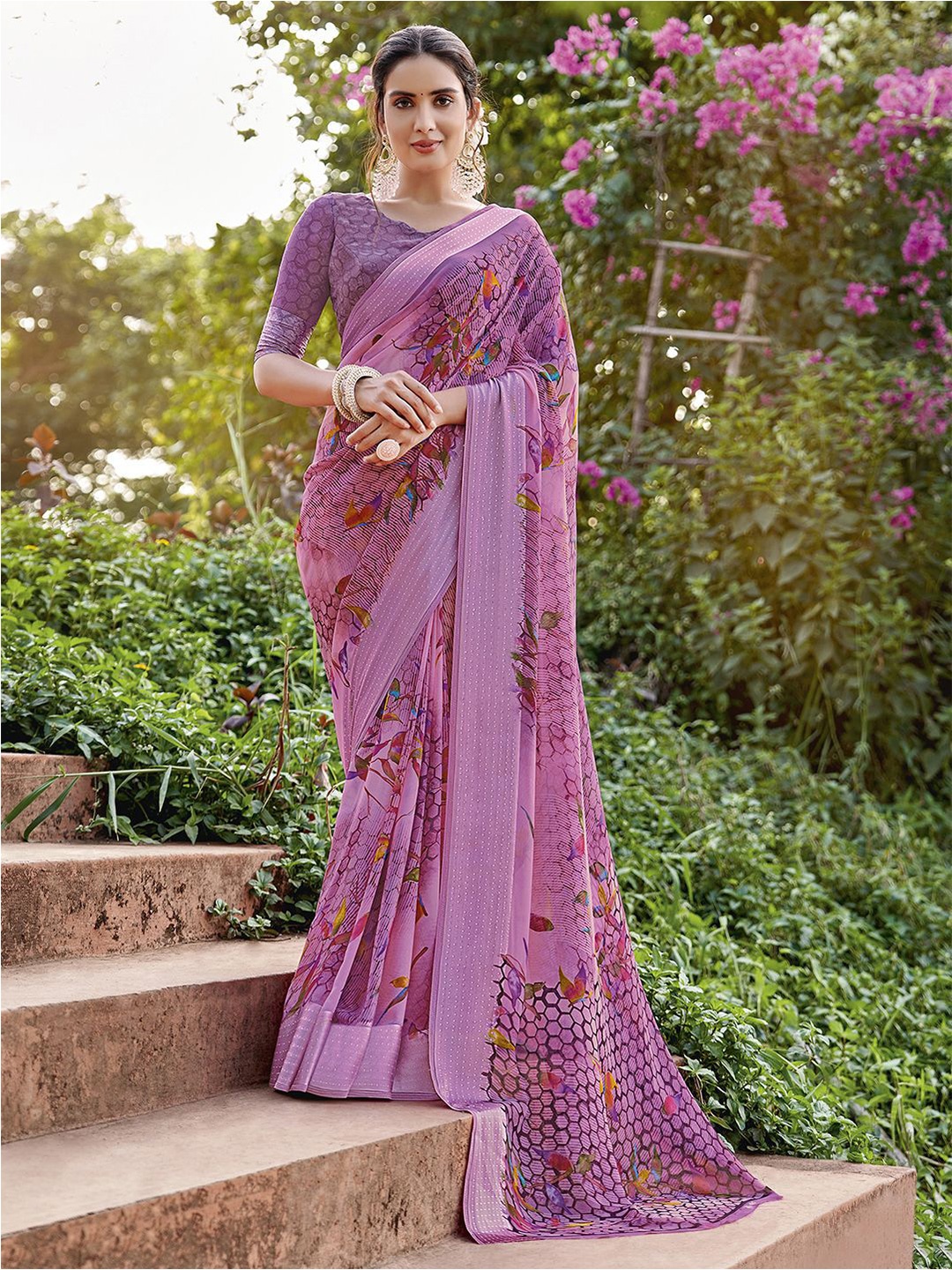 

Mitera Ethnic Motifs Beads and Stones Chettinad Saree, Lavender