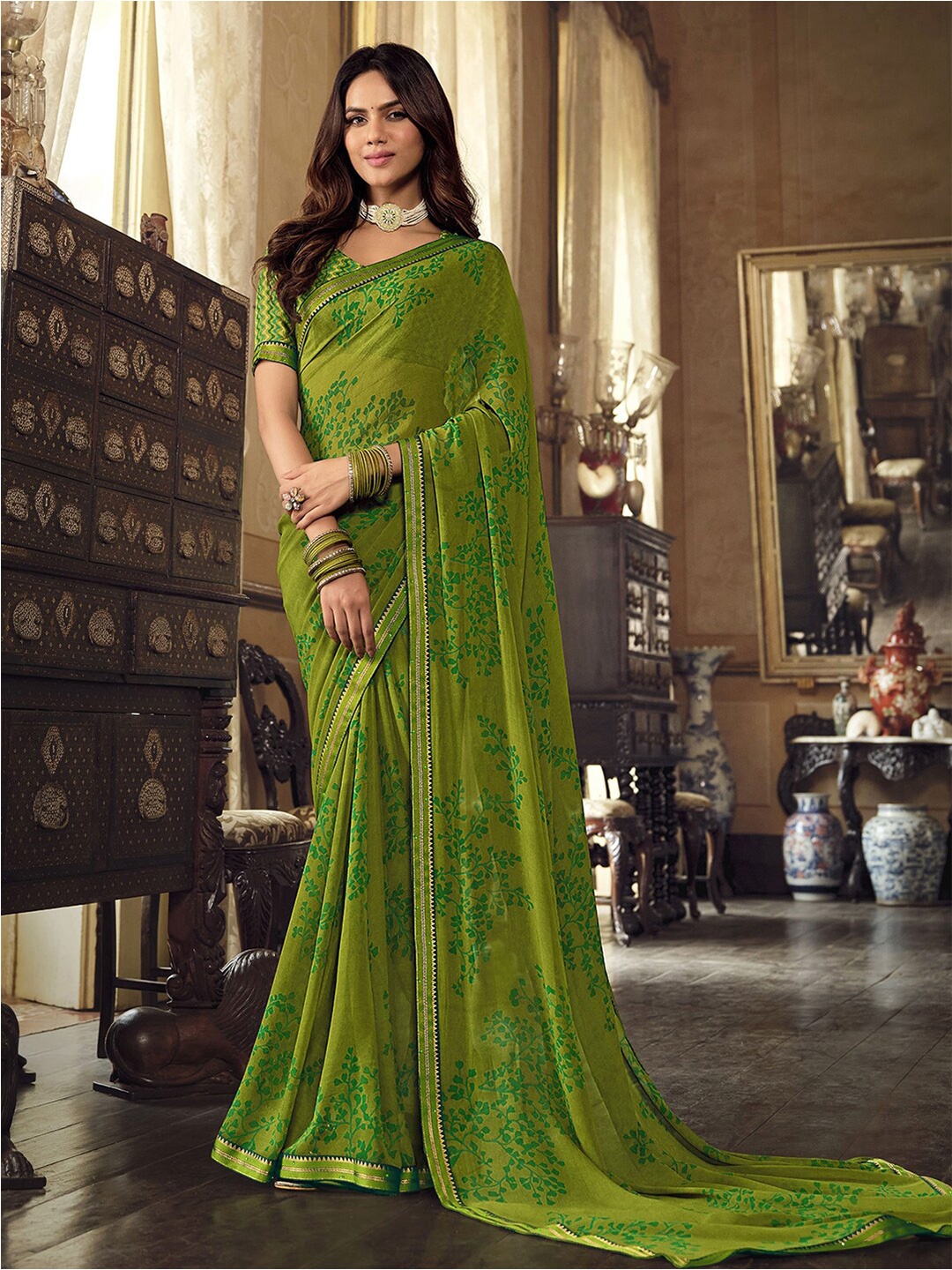 

Mitera Floral Gotta Patti Chettinad Saree, Lime green