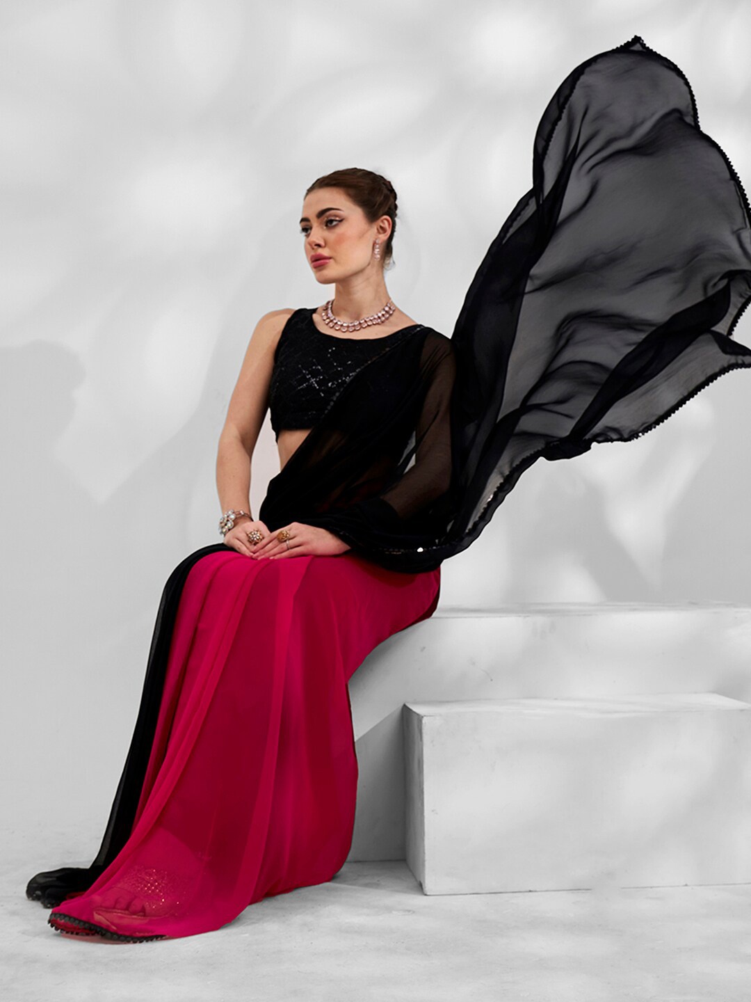 

Mitera Colourblocked Sequinned Saree, Black