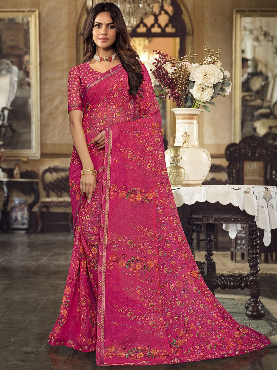 

Mitera Floral Chettinad Saree, Pink
