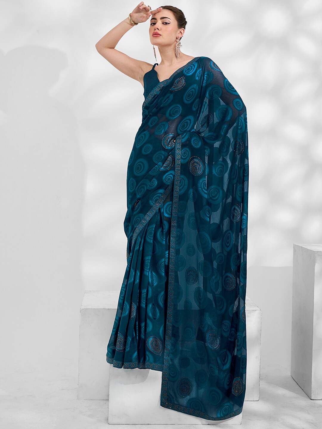 

Mitera Woven Design Beads and Stones Saree, Teal