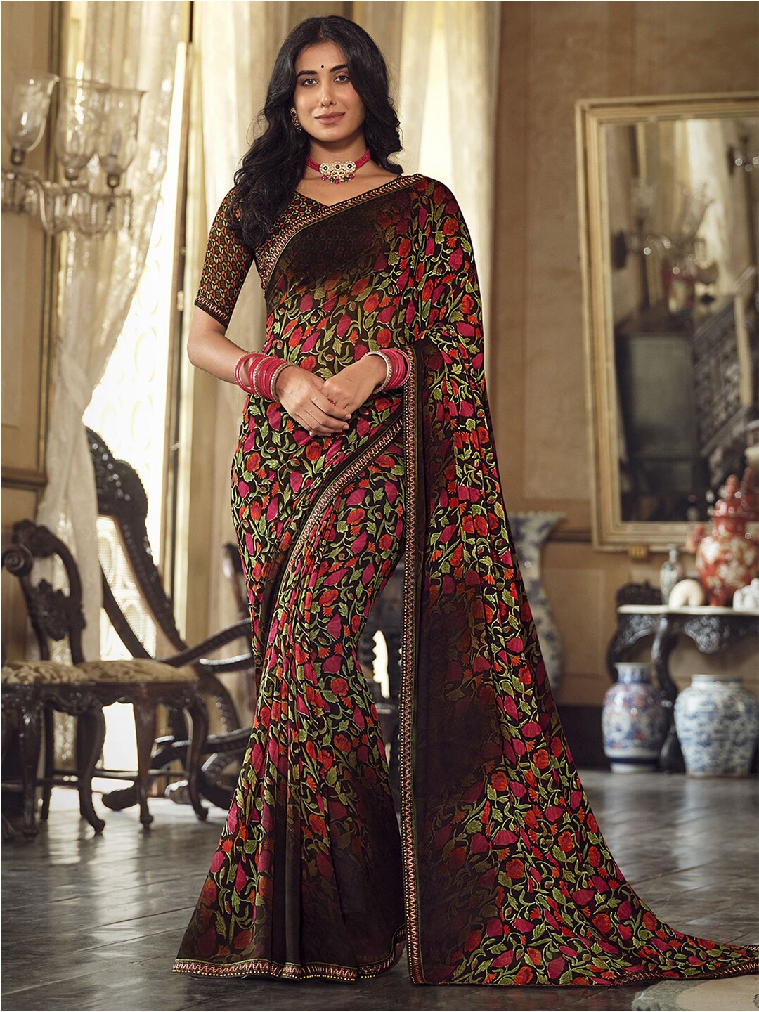 

Mitera Floral Chettinad Saree, Black
