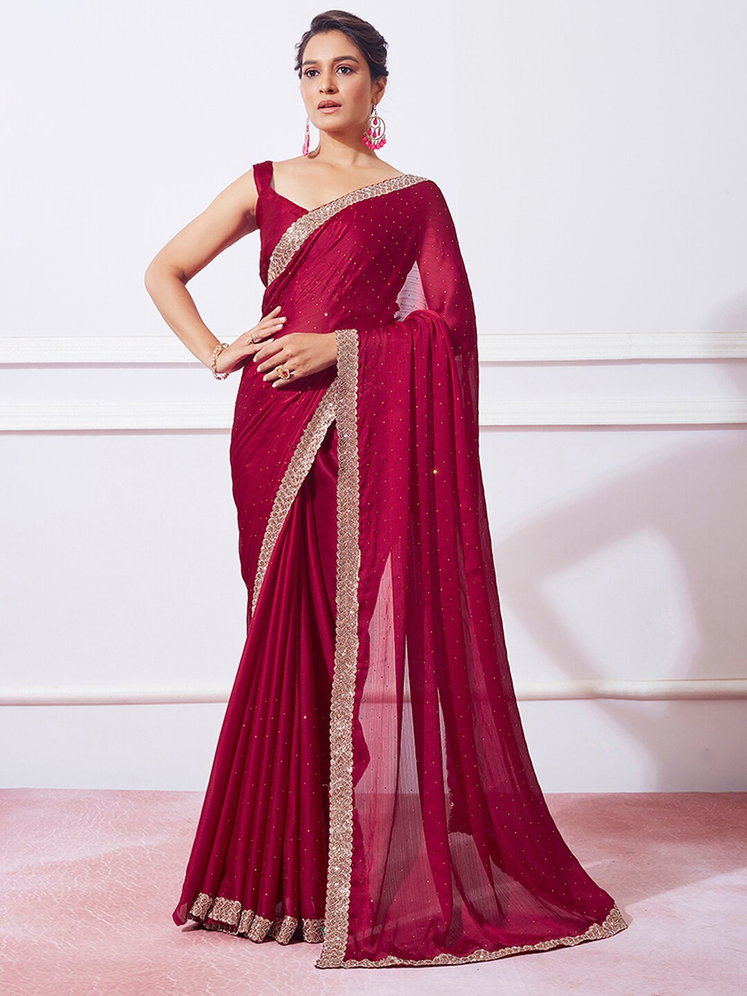 

Mitera Embellished Beads and Stones Saree, Red