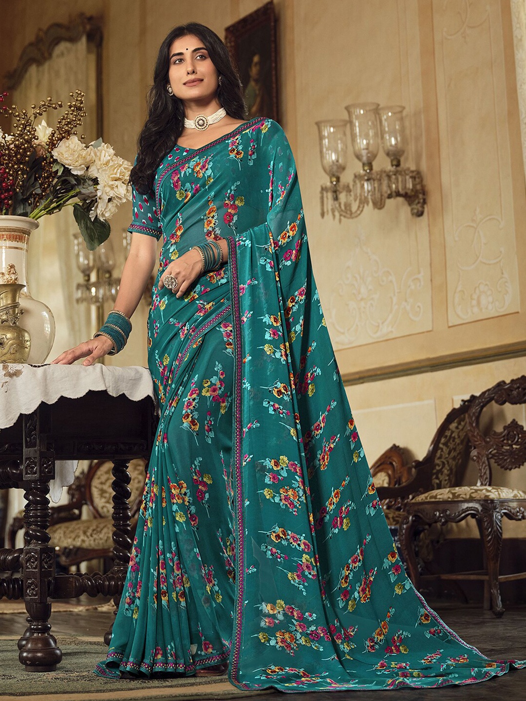 

Mitera Floral Embroidered Saree, Teal