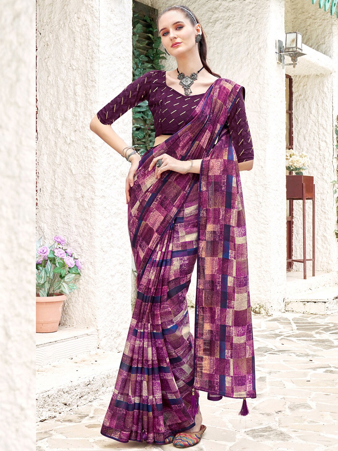 

Mitera Geometric Printed Sungudi Saree, Purple
