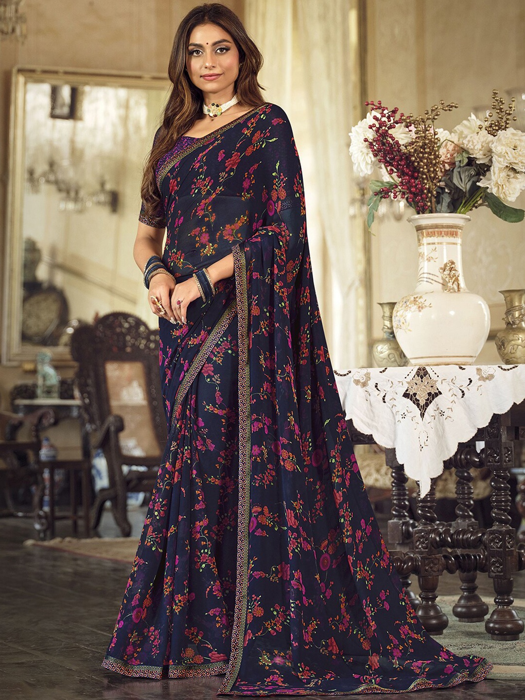 

Mitera Floral Printed Georgette Saree, Navy blue