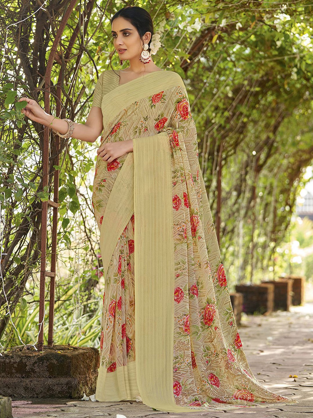 

Mitera Floral Zari Printed Georgette Chettinad Saree, Olive